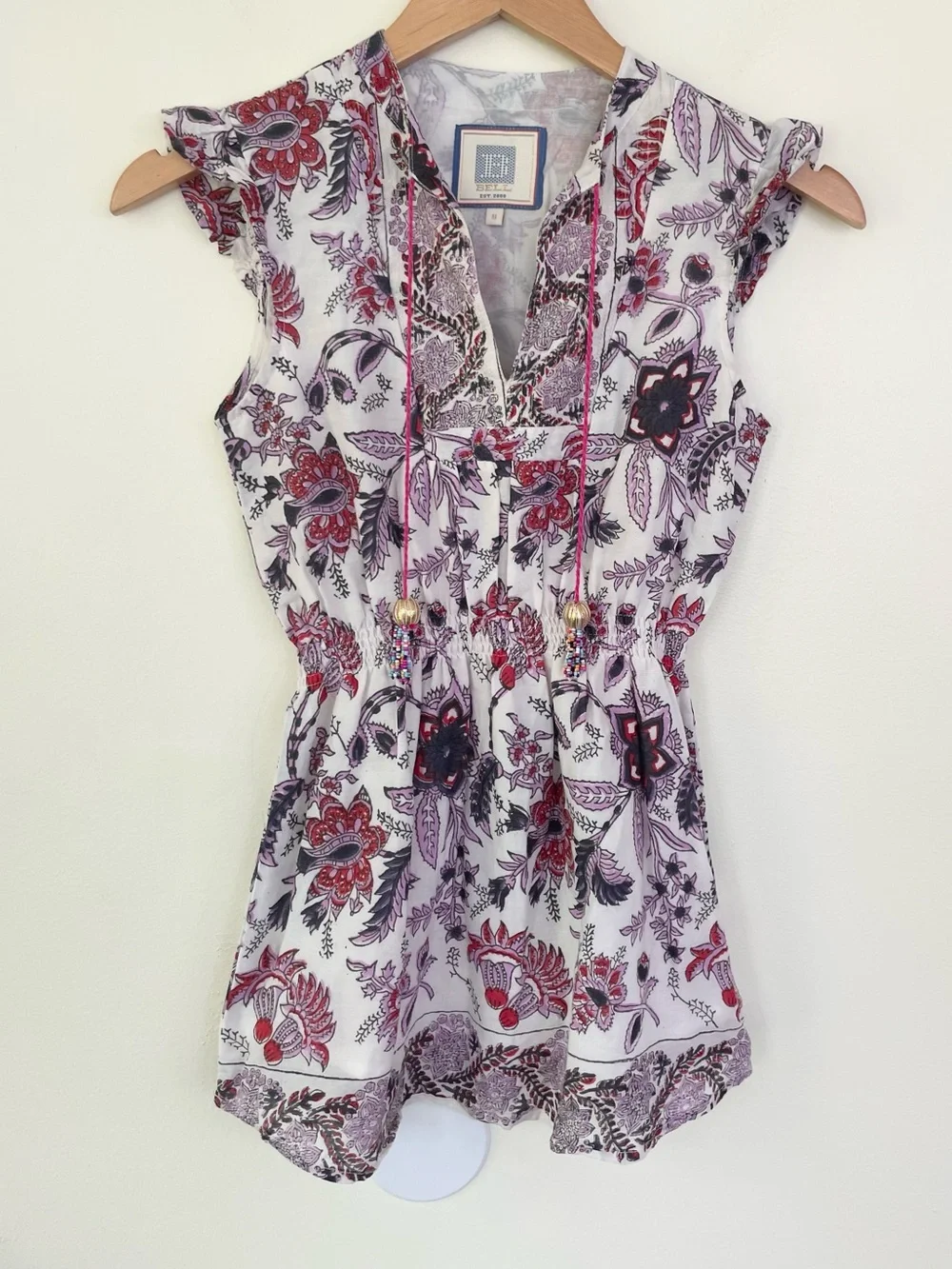 Bell by Alicia Bell Floral Block Print Tassel Ruffle Dress Cotton 8Y Purple Red